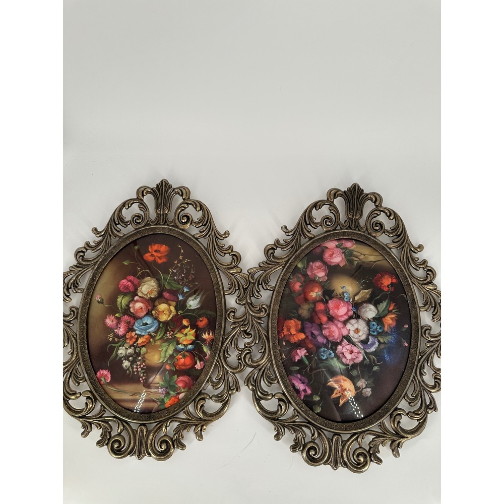 Vintage Floral Still Life Wall Art Pair Ornate Gold Oval Filigree Frames 12"